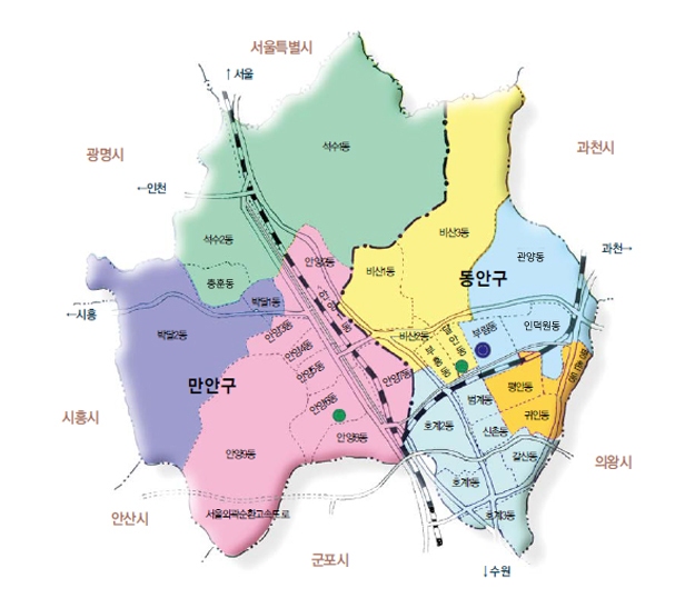행정구역을 나타내는 지도입니다. 안양을 중심으로 서울특별시, 과천시, 의왕시, 군포시, 안산시, 시흥시, 광명시가 인접해있으며 만안구, 동안구로 나누어져있습니다. 만안구 - 석수1동, 석수2동, 충훈동, 박달1동, 박달2동, 안양1동, 안양2동, 안양3동, 안양4동, 안양5동, 안양6동, 안양7동, 안양8동, 안양9동 / 동안구 - 비산1동, 비산2동, 비산3동, 부흥동, 달안동, 관양동, 인덕원동, 부림동, 평안동, 평촌동, 귀인동, 범계동, 신촌동, 갈산동, 호계1동, 호계2동, 호계3동 으로 나뉘어져있습니다.