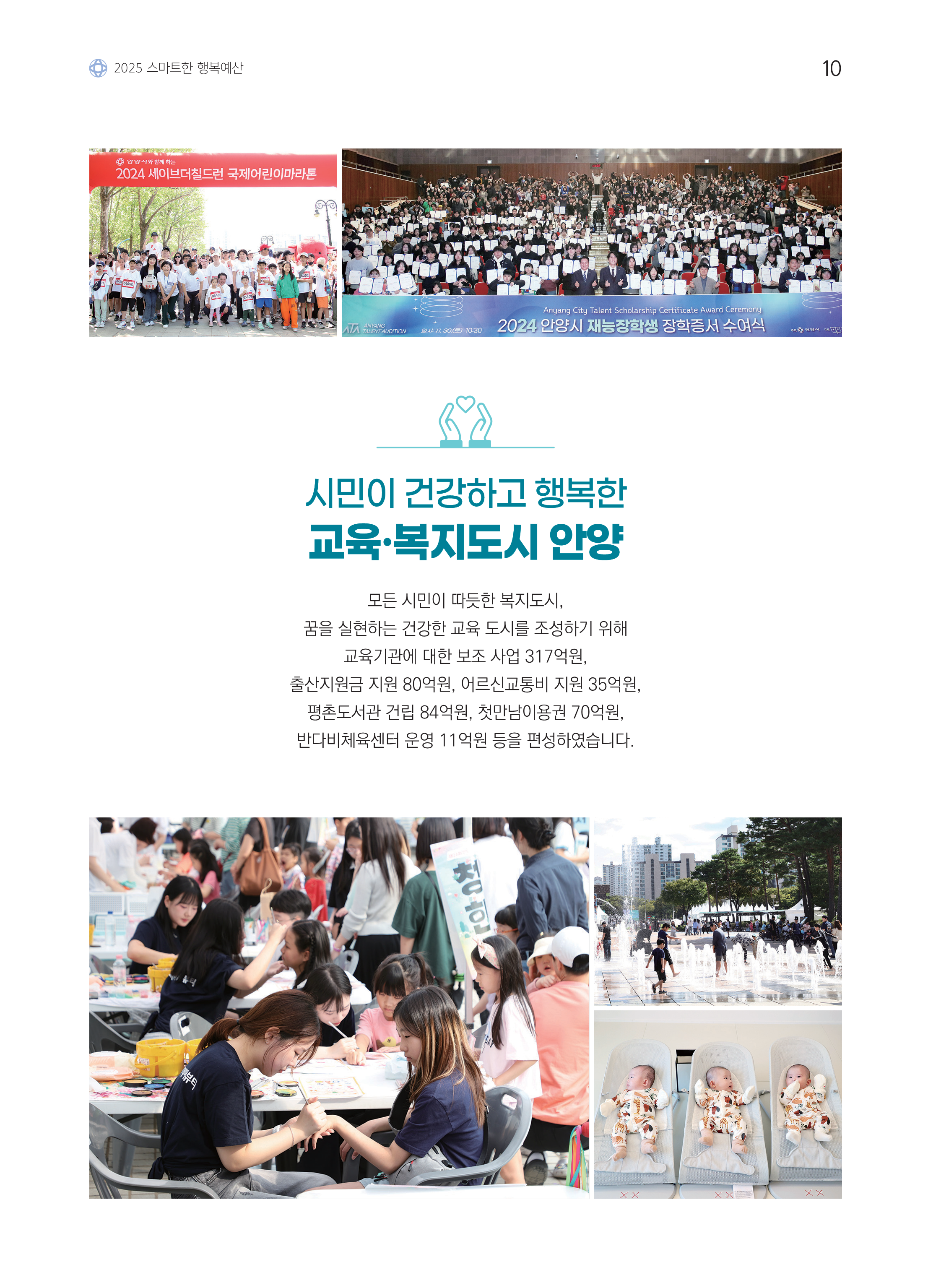 2025 스마트한 행복예산 / 시민이 건강하고 행복한 교육·복지도시 안양 / 모든 시민이 따듯한 복지도시, 꿈을 실현하는 건강한 교육 도시를 조성하기 위해 교육기관에 대한 보조 사업 317억원, 출산지원금 지원 80억원, 어르신교통비 지원 35억원, 평촌도서관 건립 84억원, 첫만남이용권 70억원, 반다비체육센터 운영 11억원 등을 편성하였습니다.
